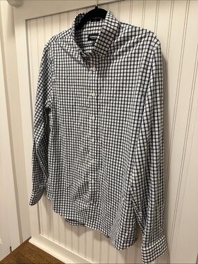 Express Men's Navy and White Check Dress Shirt